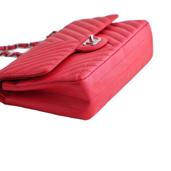 Chanel Red Chevron Caviar Medium Classic Double Flap Bag