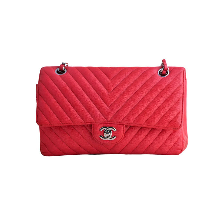 Chanel Red Chevron Caviar Medium Classic Double Flap Bag