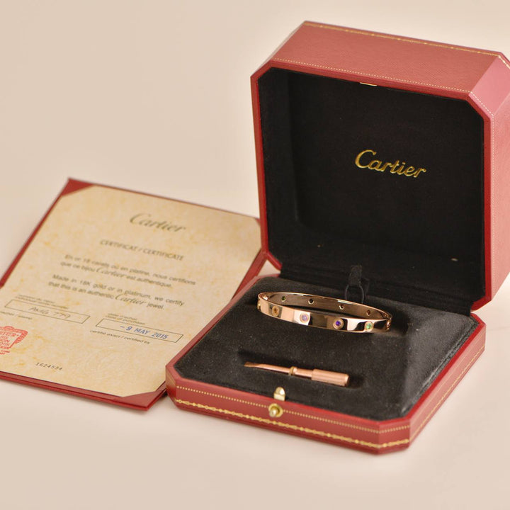 Cartier Love Rainbow Multi Gem 18k Rose Gold Bracelet Size 18