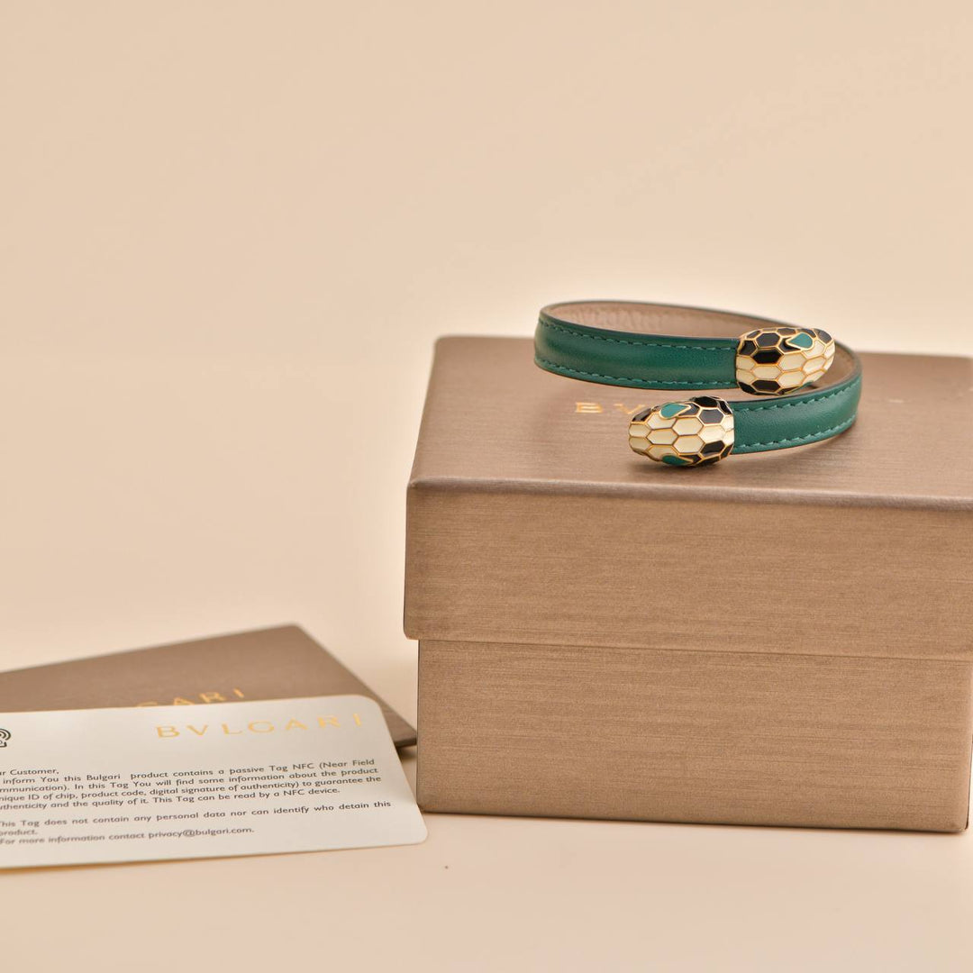 Preowned Bvlgari Serpenti Forever Enamel Green Leather Bracelet