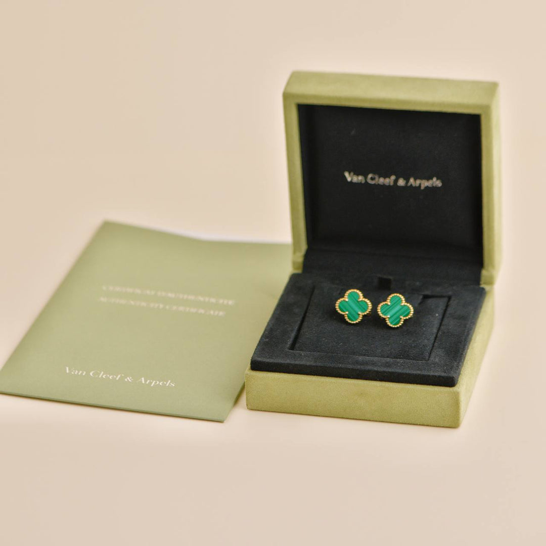 Preowned Van Cleef & Arpels Vintage Alhambra  Malachite 18K Yellow Gold Earrings