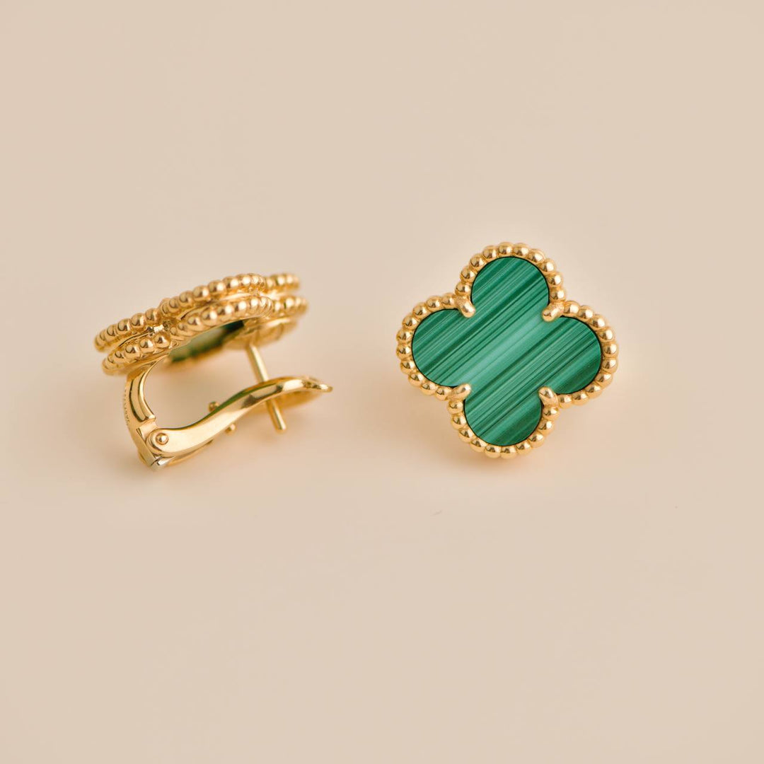 Second Hand Van Cleef Vintage Alhambra  Malachite 18K Yellow Gold Earrings