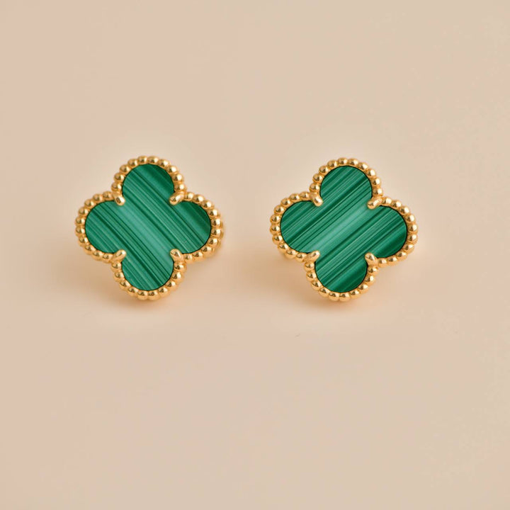 Preowned Van Cleef Vintage Alhambra  Malachite 18K Yellow Gold Earrings