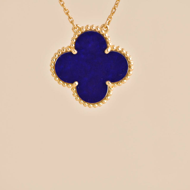 Preowned Van Cleef Alhambra Blue Sevres Porcelain 18K Yellow Gold Necklace