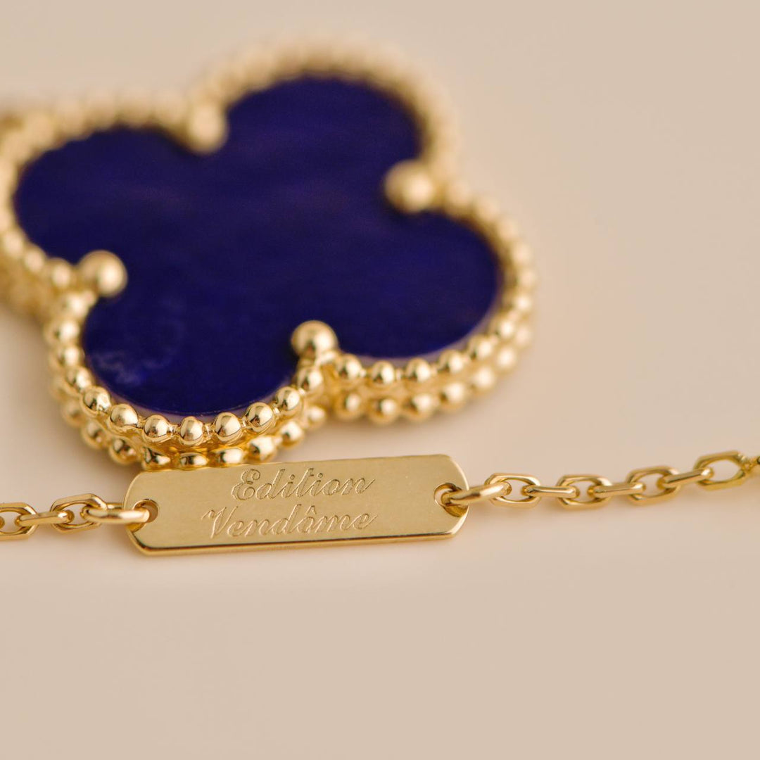 Second Hand Van Cleef Alhambra Blue Sevres Porcelain 18K Yellow Gold Necklace