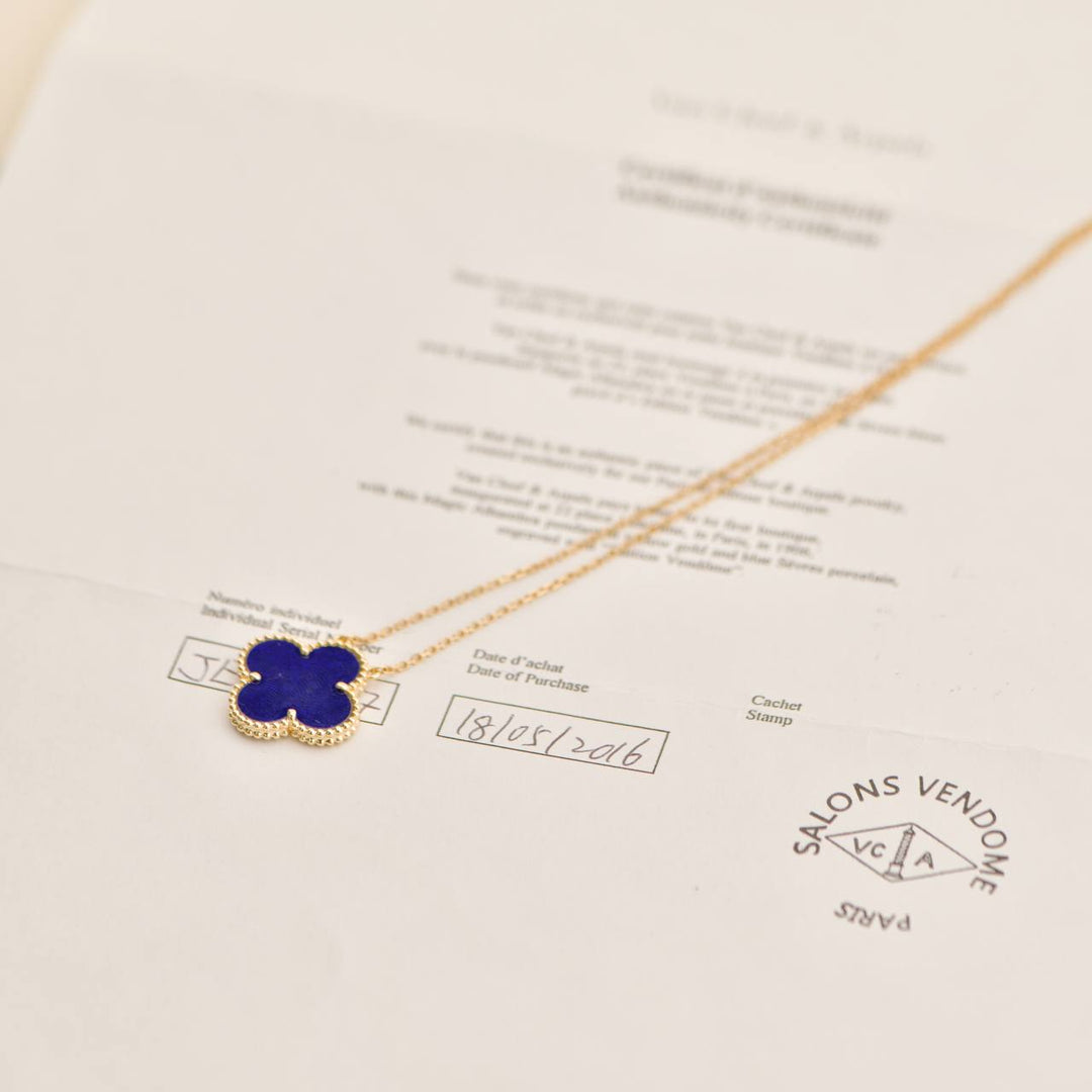 Van Cleef & Arpels Alhambra Vendome Edition Blue Sevres Porcelain 18K Yellow Gold Necklace