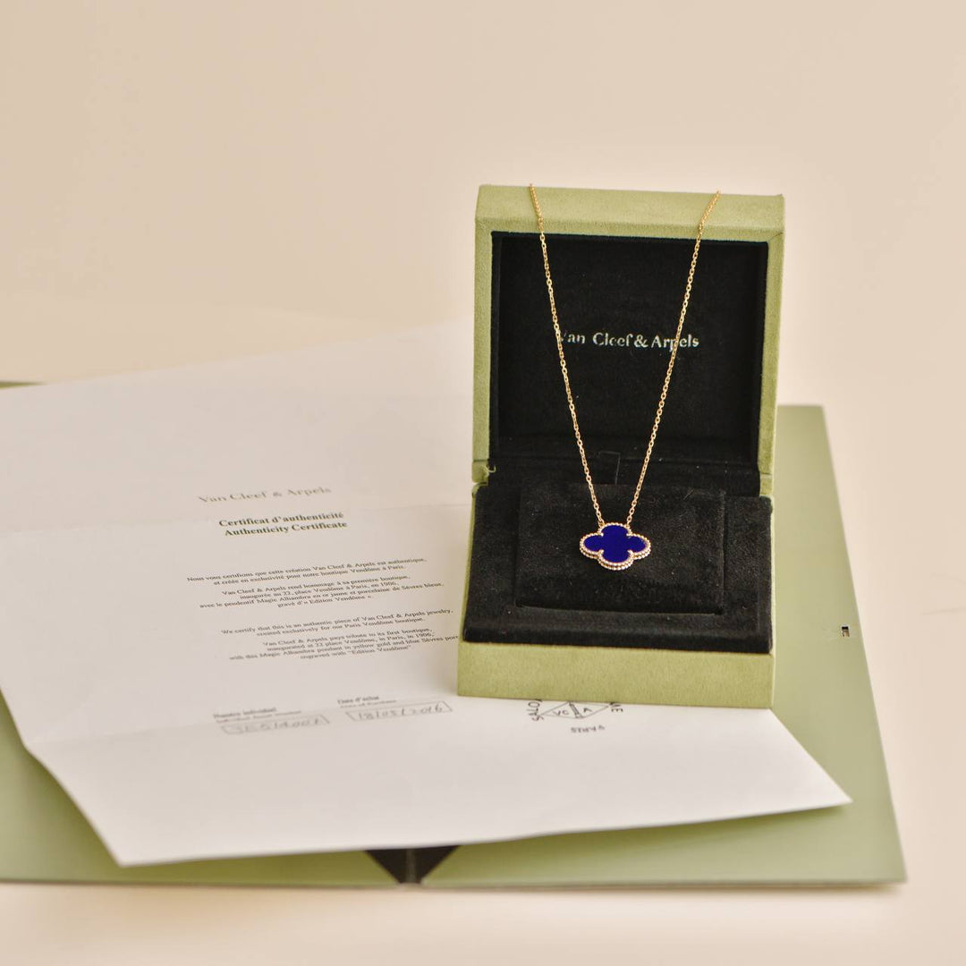 Van Cleef & Arpels Alhambra Vendome Edition Blue Sevres Porcelain 18K Yellow Gold Necklace