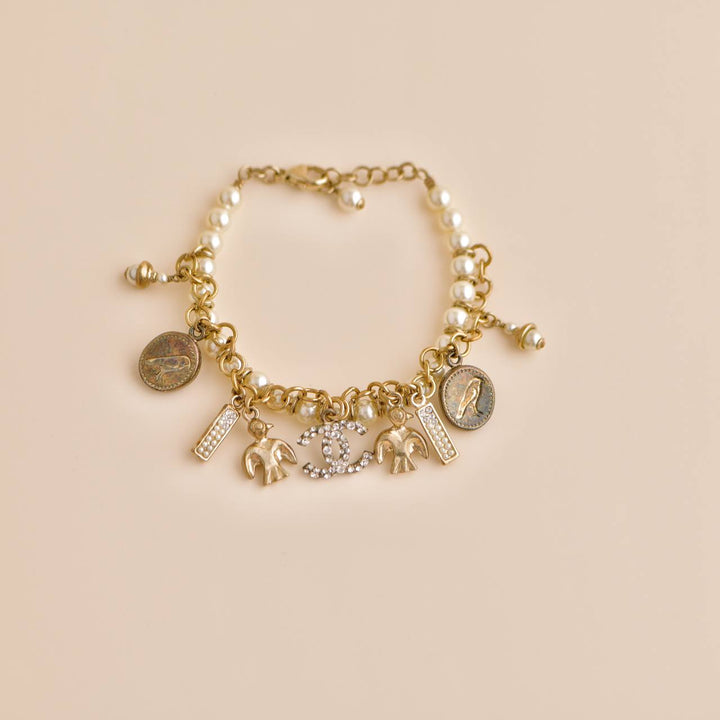 Second Hand Chanel CC Crystal Faux Pearl Charm Bracelet