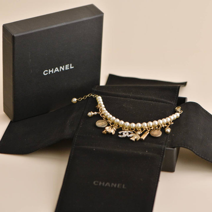 Preowned Chanel CC Crystal Faux Pearl Charm Bracelet