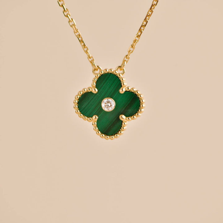 Second Hand Van Cleef & Arpels Vintage Alhambra Malachite Diamond 2013 Holiday Pendant Necklace