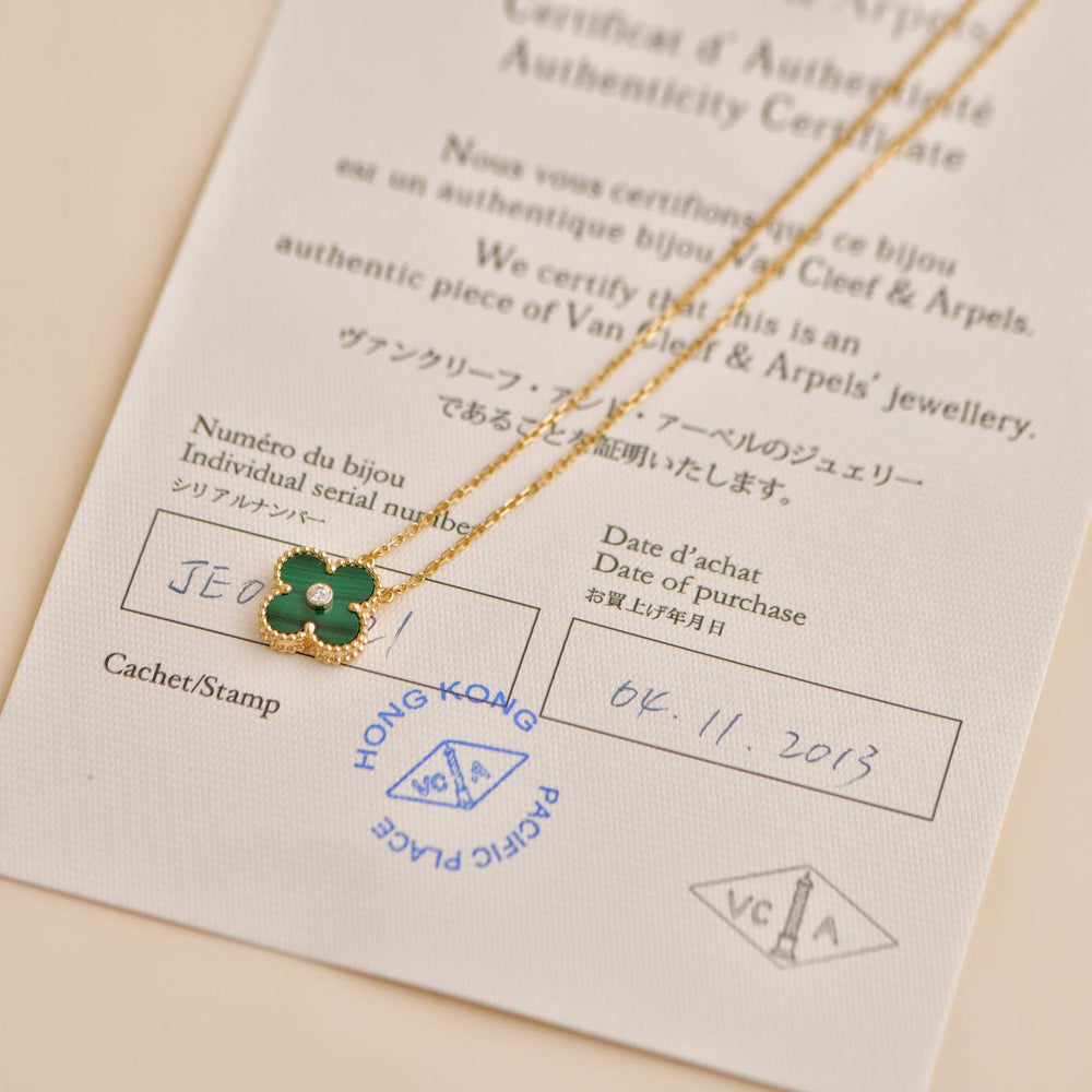 Preowned Van Cleef & Arpels Vintage Alhambra Malachite Diamond 2013 Holiday Pendant Necklace