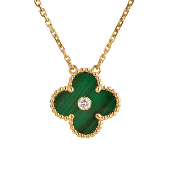 Preloved Van Cleef & Arpels Vintage Alhambra Malachite Diamond 2013 Holiday Pendant Necklace