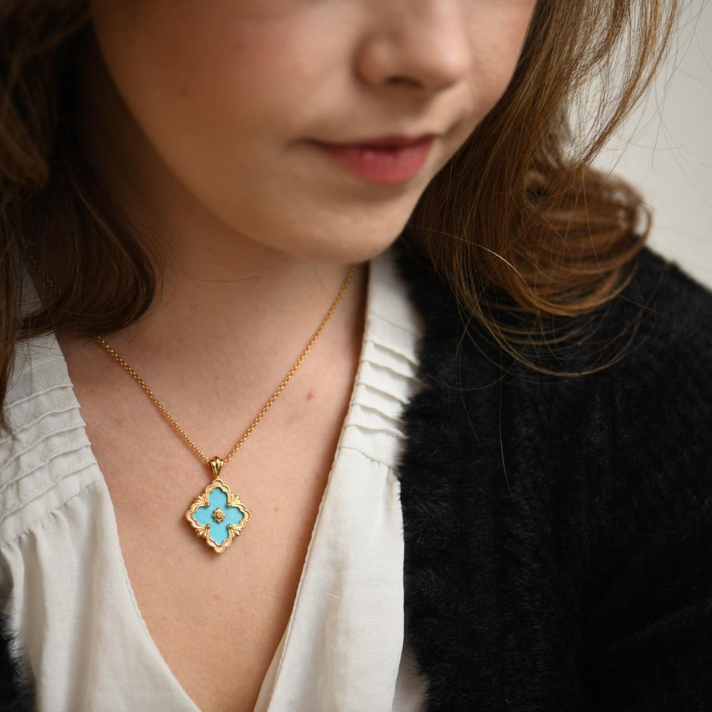 Second Hand Buccellati Opera Tulle Turquoise Limited Edition Big Motif 18K Yellow Gold Pendant Necklace