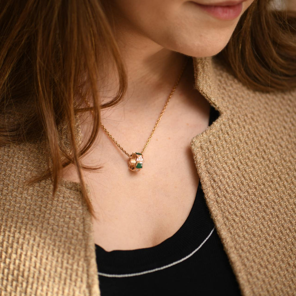 Second Hand Bvlgari Serpenti Viper Malachite Diamond 18K Rose Gold Necklace