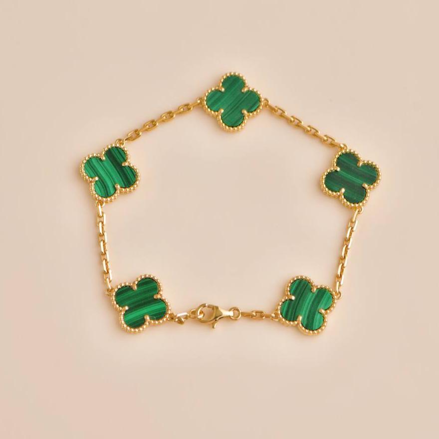 Second Hand Van Cleef & Arpels Vintage Alhambra 5 Motif Malachite 18K Yellow Gold Bracelet