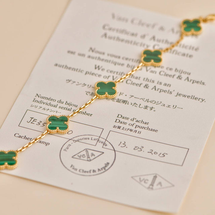 Preowned Van Cleef & Arpels Vintage Alhambra 5 Motif Malachite 18K Yellow Gold Bracelet