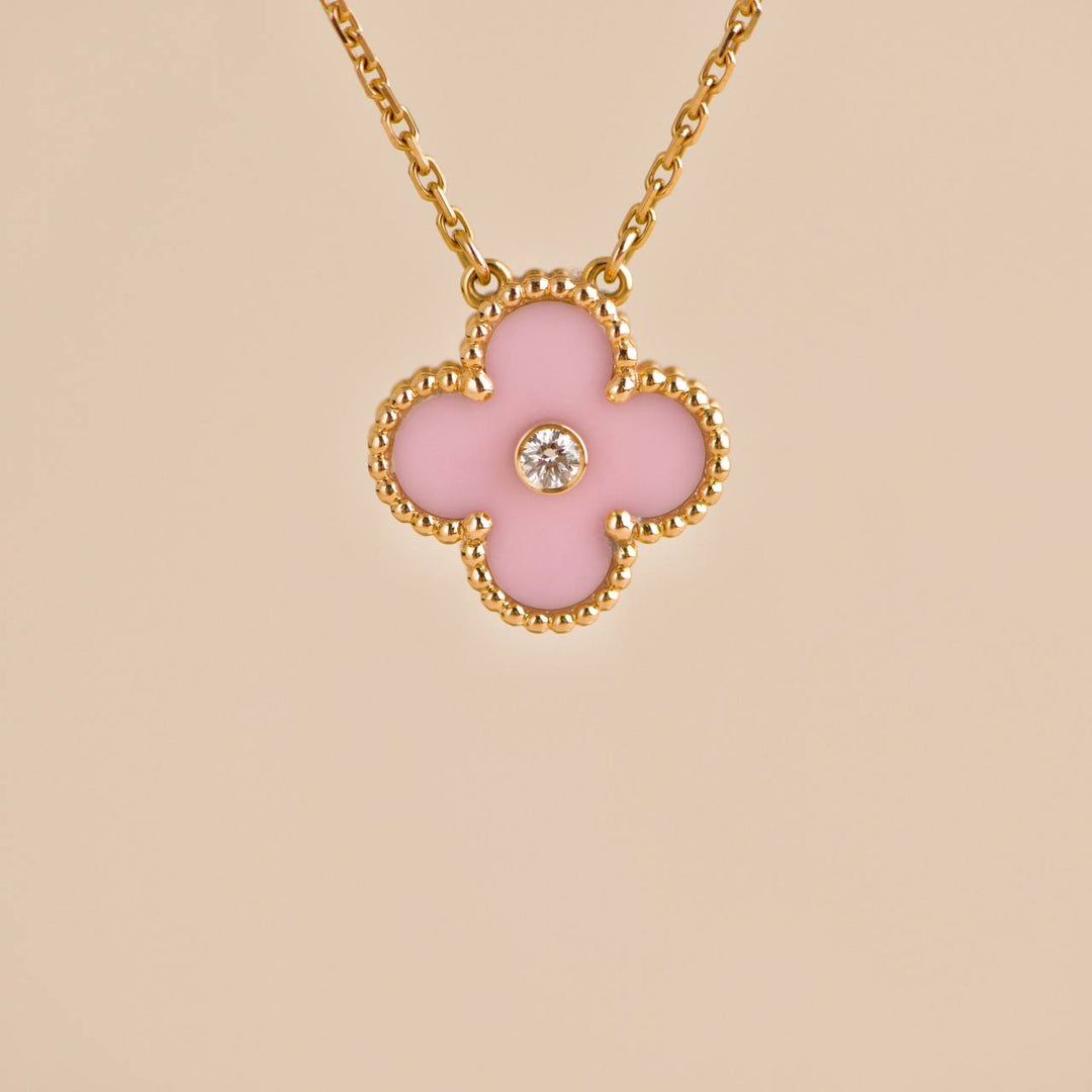 Second Hand Van Cleef & Arpels Vintage Alhambra 2015 Diamond Pink Sèvres Porcelain Holiday Pendant