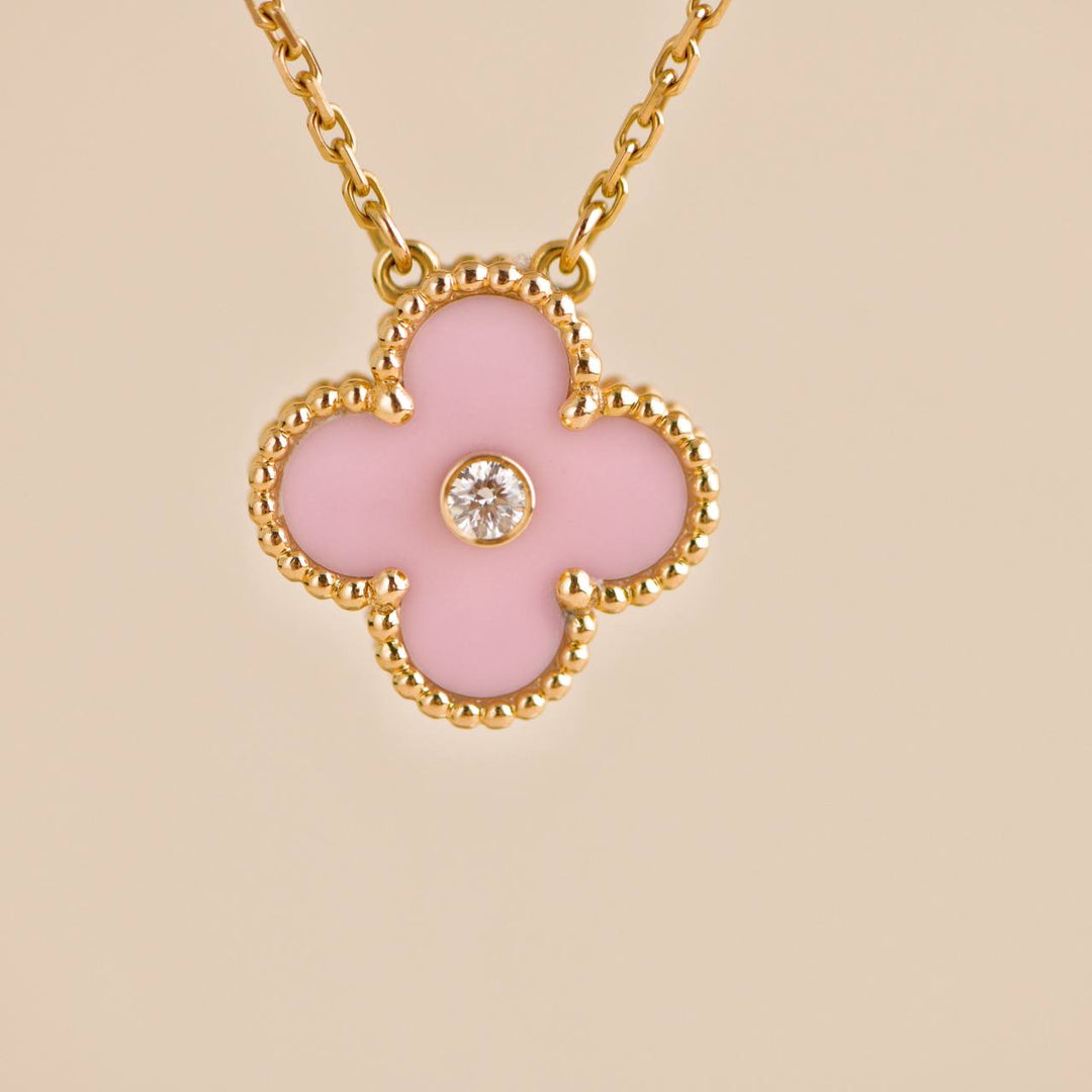 Preloved Van Cleef Vintage Alhambra 2015 Diamond Pink Sèvres Porcelain Holiday Pendant