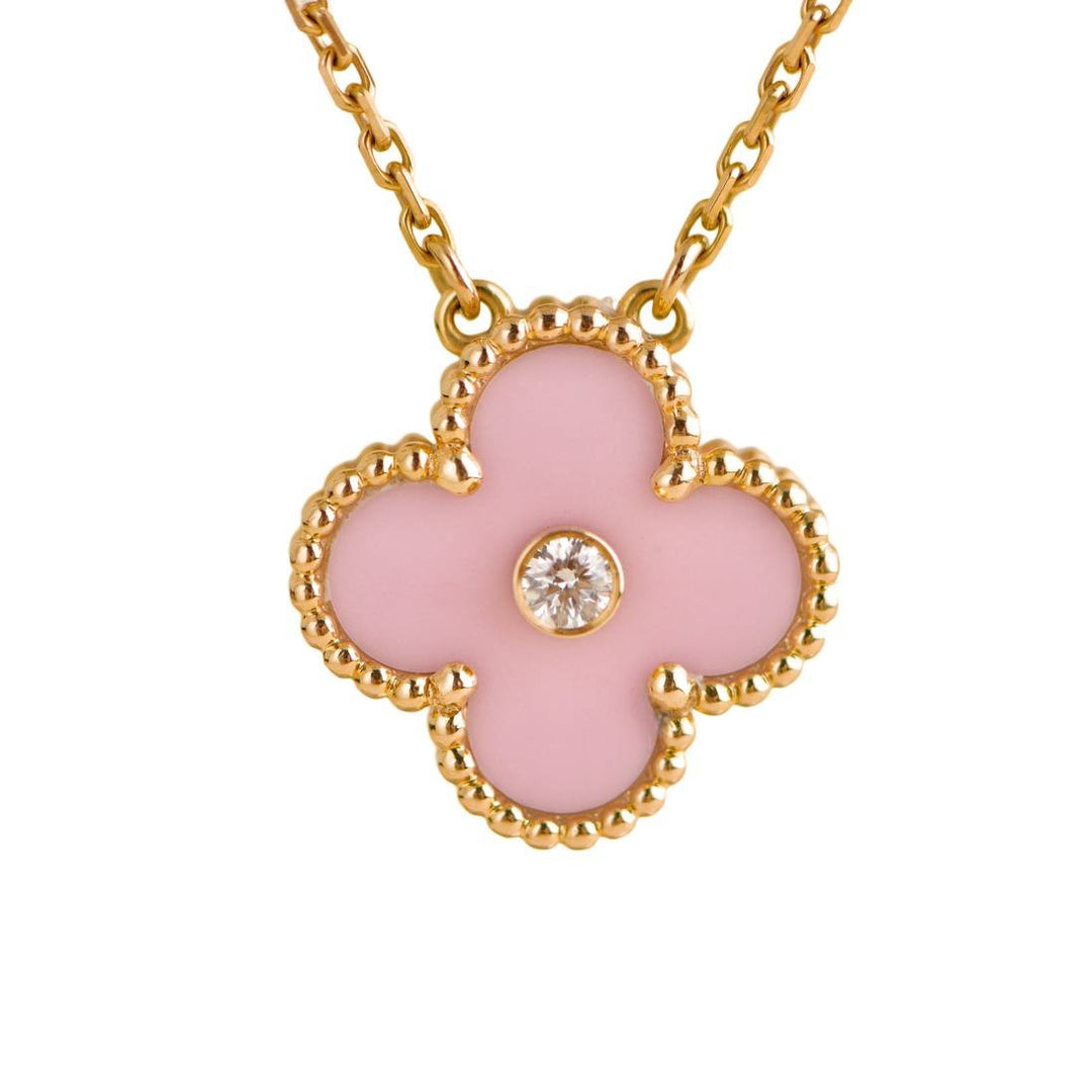 Preloved Van Cleef & Arpels Vintage Alhambra 2015 Diamond Pink Sèvres Porcelain Holiday Pendant