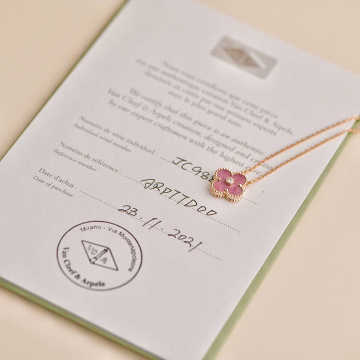 Van Cleef & Arpels Vintage Alhambra Rhodonite Diamond Rose Gold 2021 Holiday Pendant