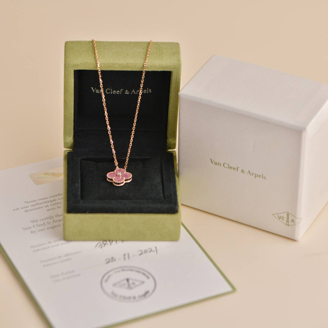 Van Cleef & Arpels Vintage Alhambra Rhodonite Diamond Rose Gold 2021 Holiday Pendant