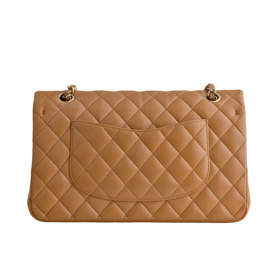 Second Hand Chanel Beige Quilted Lambskin Classic Double Flap Medium Handbag