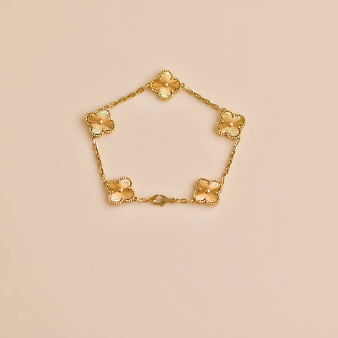 Van Cleef & Arpels Vintage Alhambra Guilloché 5 Motif 18K Yellow Gold Bracelet