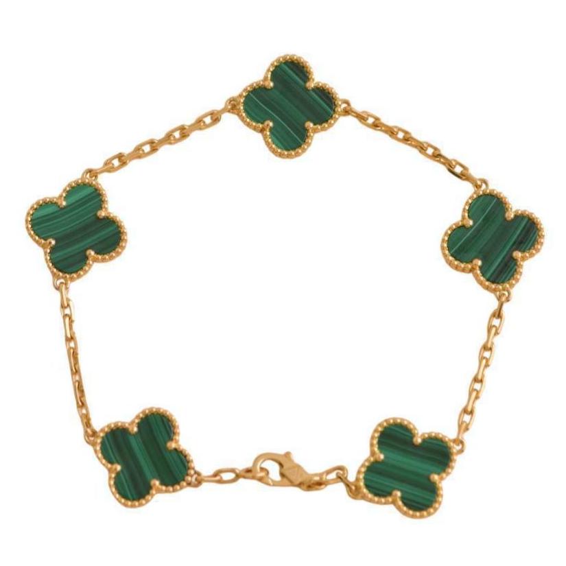 Preloved Van Cleef & Arpels Vintage Alhambra Malachite 5 Motif 18K Yellow Gold Bracelet 