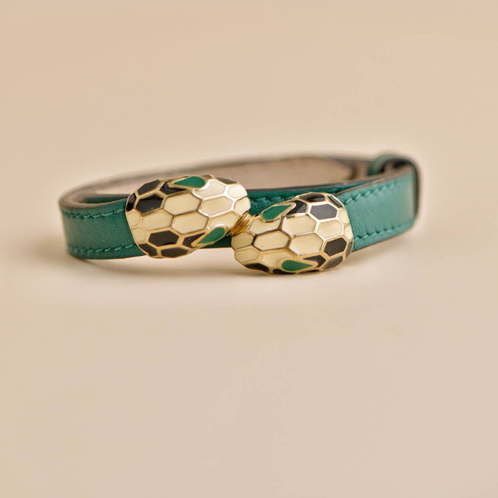 Preowned Bvlgari Serpenti Forever Enamel Green Leather Bracelet Size M