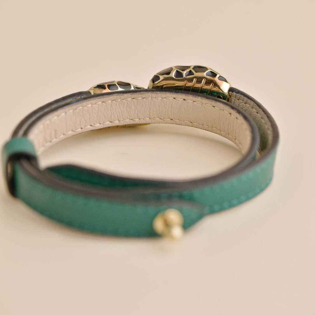 Second Hand Bvlgari Serpenti Forever Enamel Green Leather Bracelet Size M