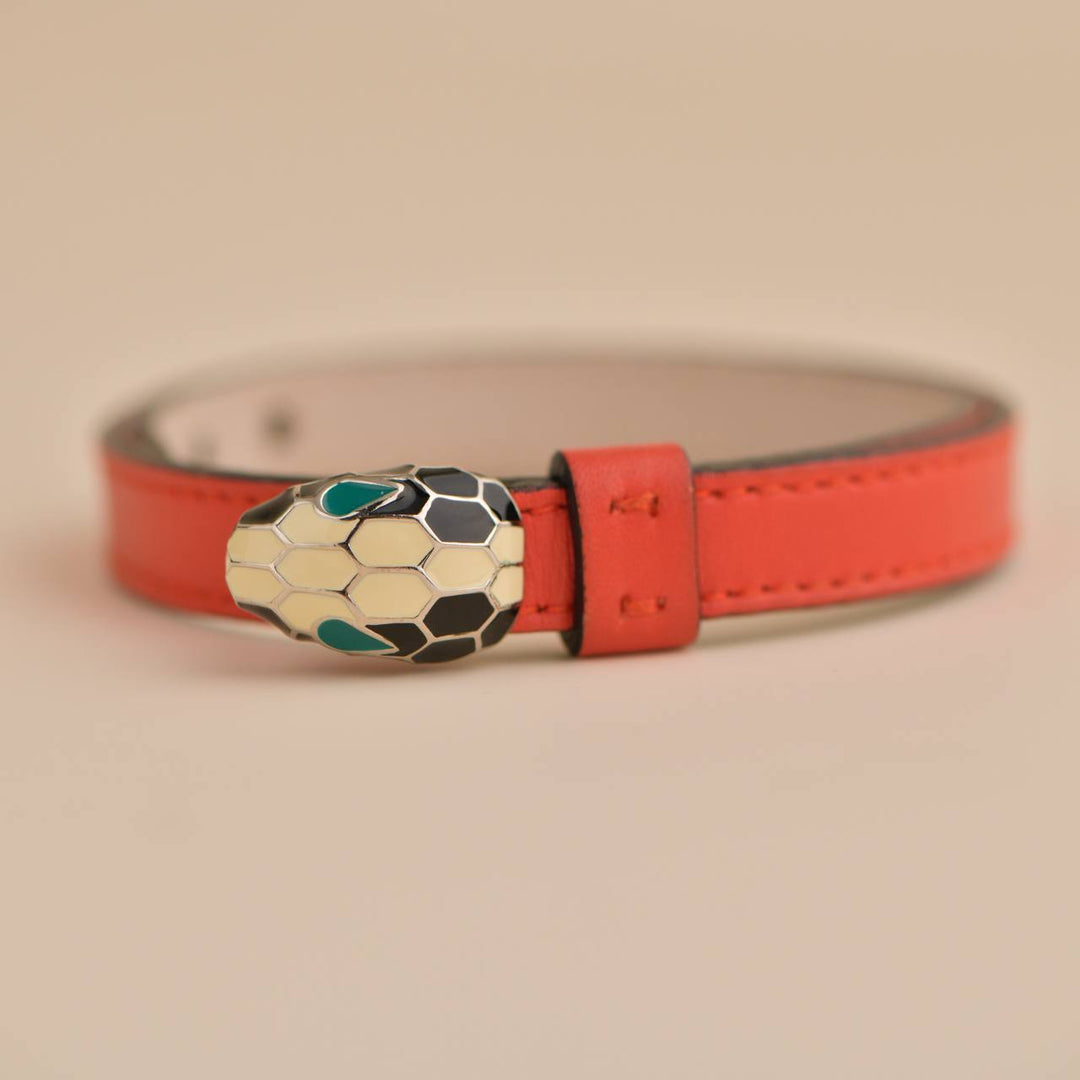 Preowned Bvlgari Serpenti Forever Enamel Orange Leather Bracelet Size S