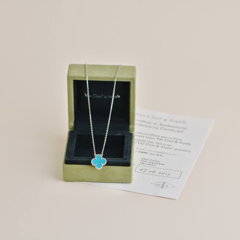 Preowned Van Cleef & Arpels Vintage Alhambra Turquoise 18K White Gold Pendant Necklace