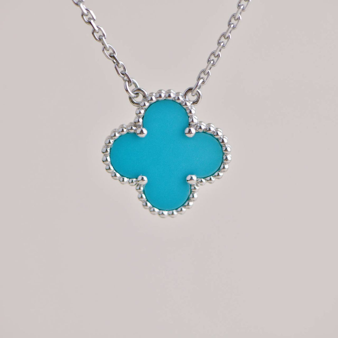 Preowned Van Cleef Vintage Alhambra Turquoise 18K White Gold Pendant Necklace