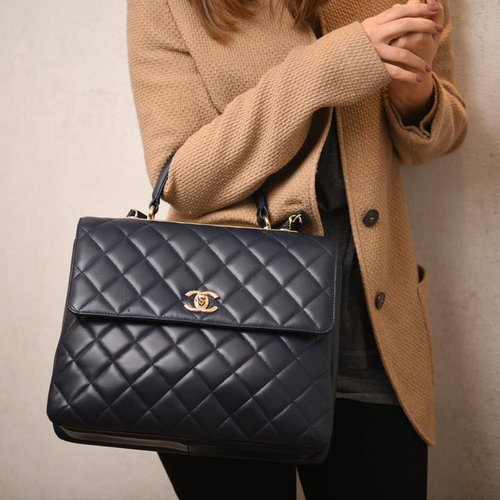 Chanel Large Trendy CC Top Handle Flap Bag in Navy Lambskin