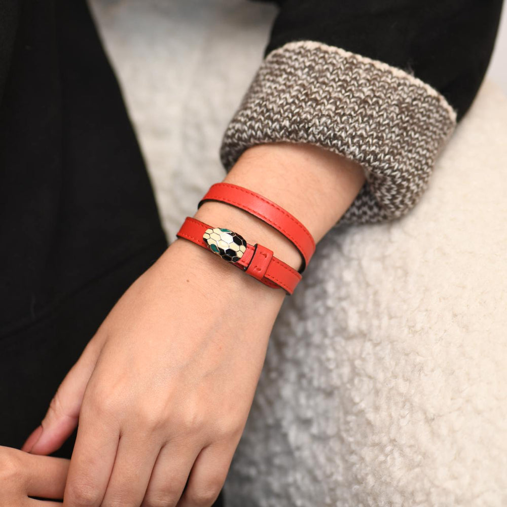 Used Bvlgari Serpenti Forever Enamel Orange Leather Bracelet Size S
