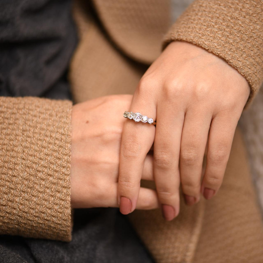 Art Deco 18 Karat Gold and Platinum Five-Stone Diamond Ring