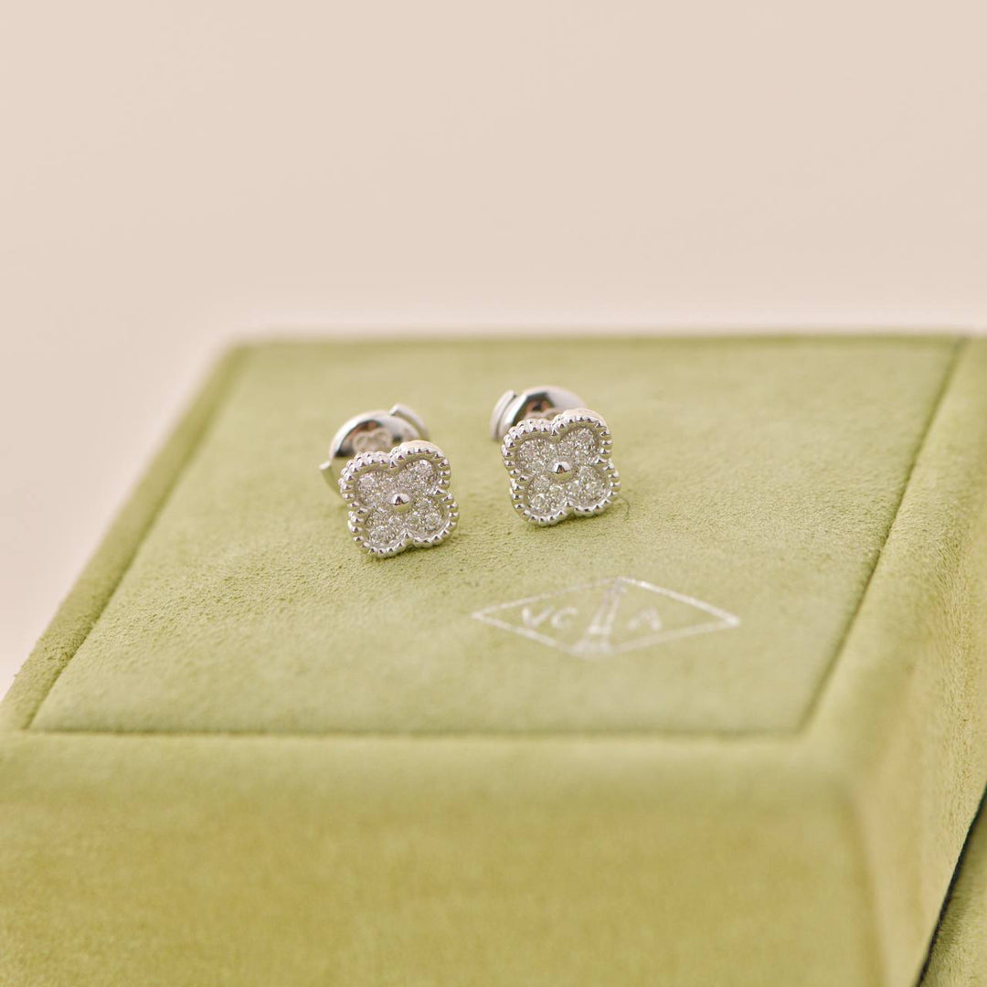 Second Hand Van Cleef & Arpels Sweet Alhambra Diamond 18K White Gold Earrings