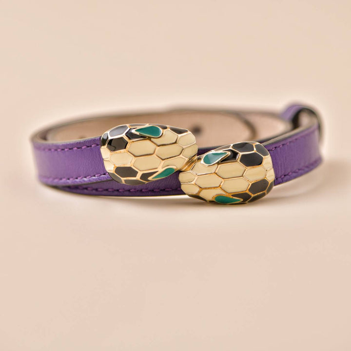 Preowned Bvlgari Serpenti Forever Enamel Purple Leather Bracelet Size M