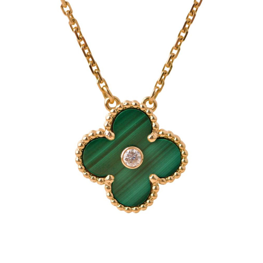 Preloved Van Cleef & Arpels Vintage Alhambra Malachite Diamond 2013 Holiday Pendant Necklace