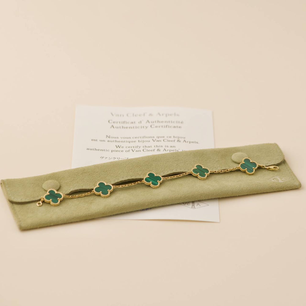 Preowned Van Cleef & Arpels Vintage Alhambra 5 Motif Malachite 18K Gold Bracelet