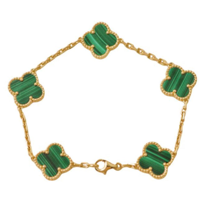 Preloved Van Cleef & Arpels Vintage Alhambra 5 Motif Malachite 18K Gold Bracelet