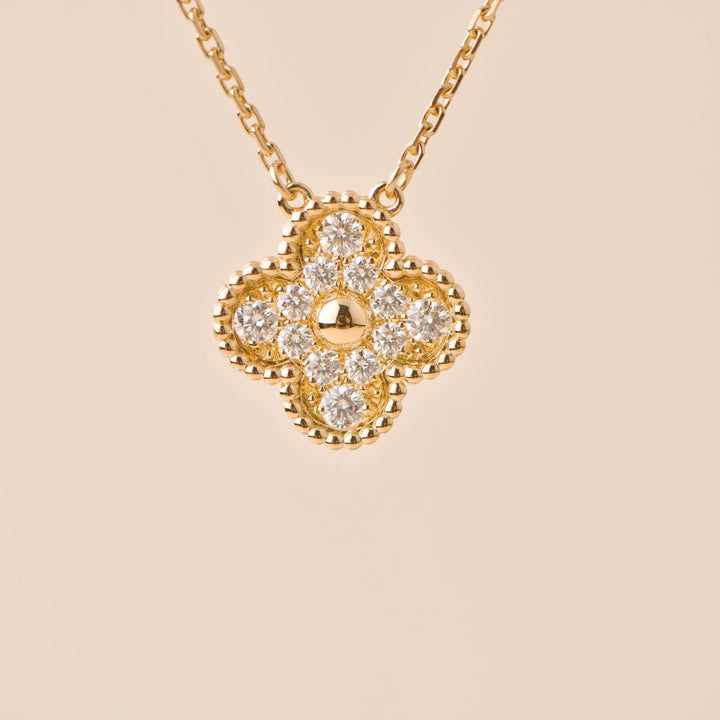 Second Hand Van Cleef & Arpels Vintage Alhambra Yellow Gold Diamond Paved Pendant