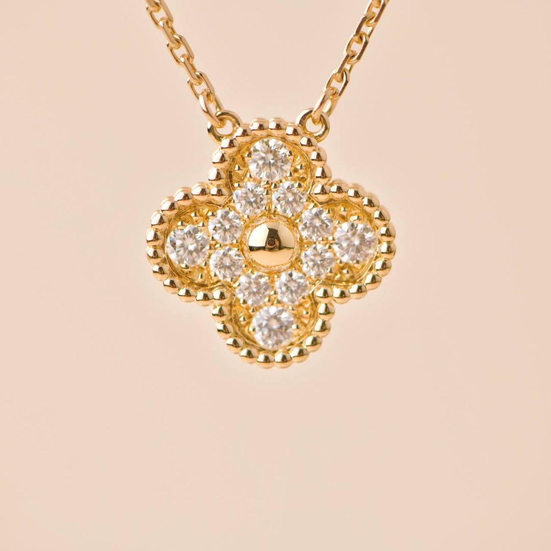 Preloved Van Cleef Vintage Alhambra Yellow Gold Diamond Paved Pendant