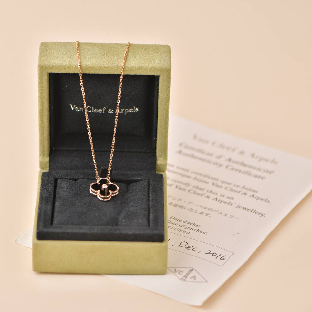 Preowned Van Cleef & Arpels Vintage Alhambra 2016 Holiday Diamond Onyx 18K Rose Gold Necklace