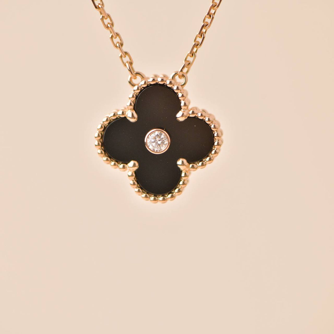 Pre Loved Van Cleef Vintage Alhambra 2016 Holiday Diamond Onyx 18K Rose Gold Necklace