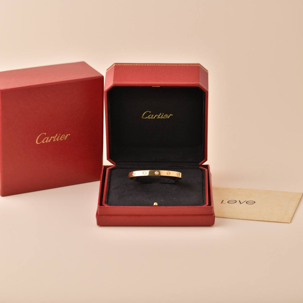 Preowned Cartier Love Diamond 18K Yellow Gold Cuff Bangle Size 17