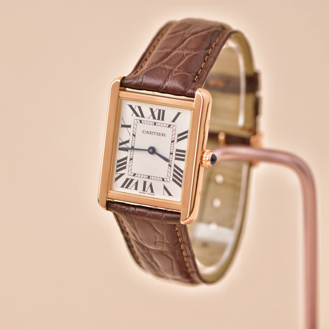 Preowned Cartier Tank Solo W5200025 18K Rose Gold Brown Leather Watch