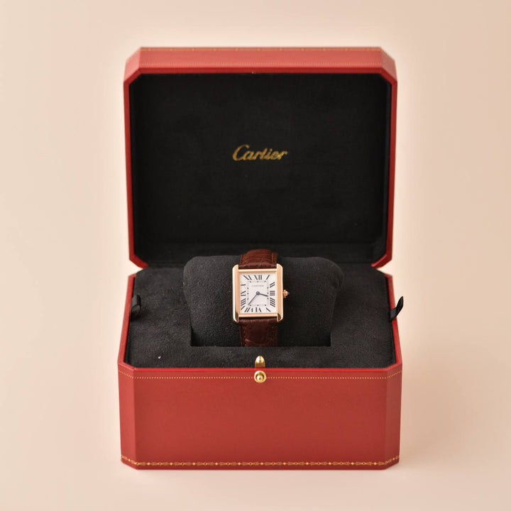 Second Hand Cartier Tank Solo W5200025 18K Rose Gold Brown Leather Wristwatch