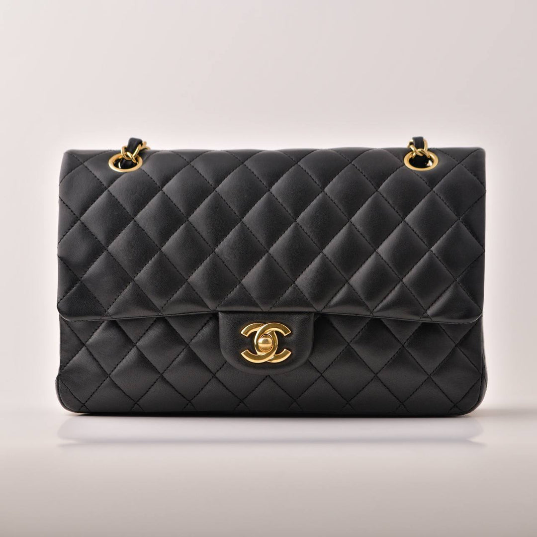 Preowned Chanel Lambskin Black Quilted Medium Classic Double Flap Bag