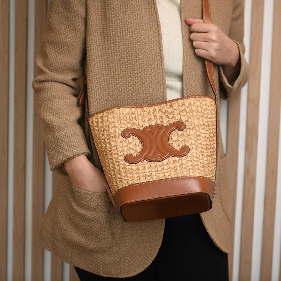 Céline Coir Triumph Raffia Tan Small Bucket Handbag